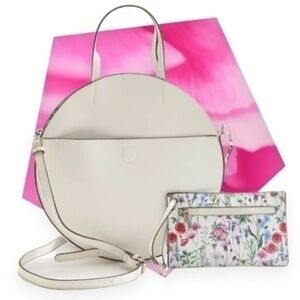 COLLECTION XIIX White Faux Leather Tambourine Tote w/Floral Printed Pouch NWT